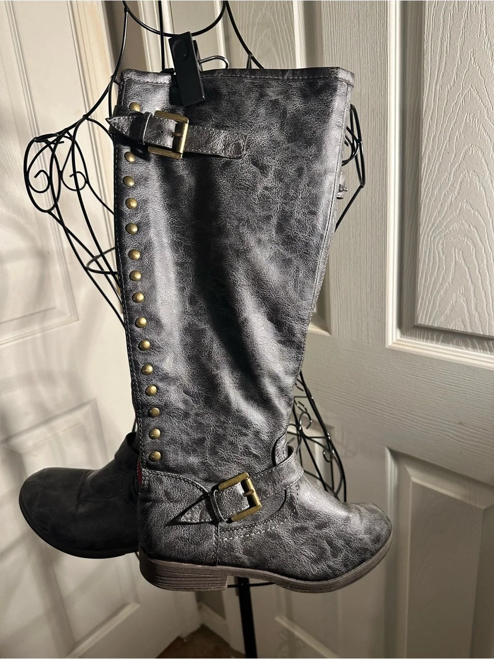 Grey Journee Collection studded knee-high boots buckle & Rivet details
